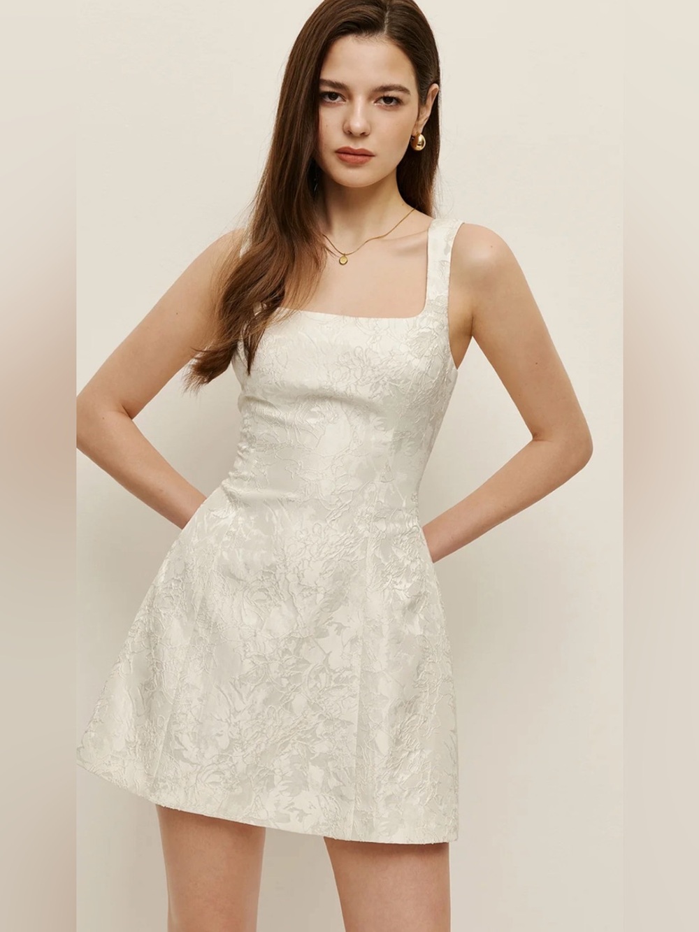 Commense Floral Square Neck Jacquard Mini Dress in Ivory